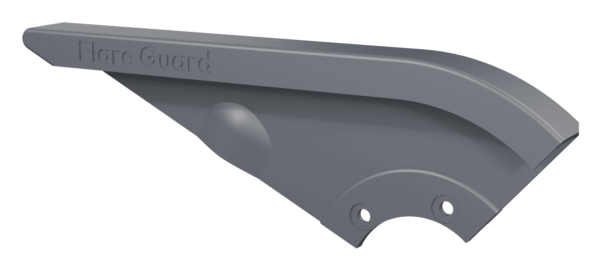 Studio-render van de FlareGuard, driekwart vooraanzicht met logo